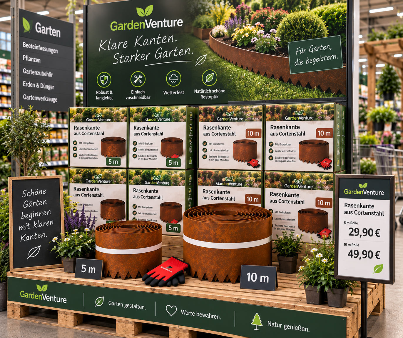 GardenVenture Verkaufsdisplay mit 5-Meter- und 10-Meter-Rasenkante aus Cortenstahl