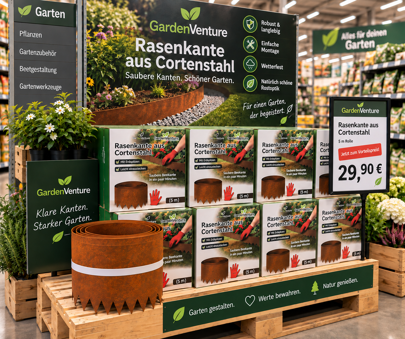 GardenVenture Verkaufsdisplay im Gartencenter mit Rasenkante aus Cortenstahl, 5-Meter-Rolle für 24,99 Euro