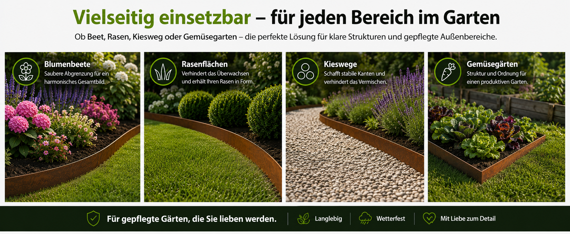 Vielseitig einsetzbar – für jeden Bereich im Garten: Blumenbeete, Rasenflächen, Kieswege, Gemüsegärten